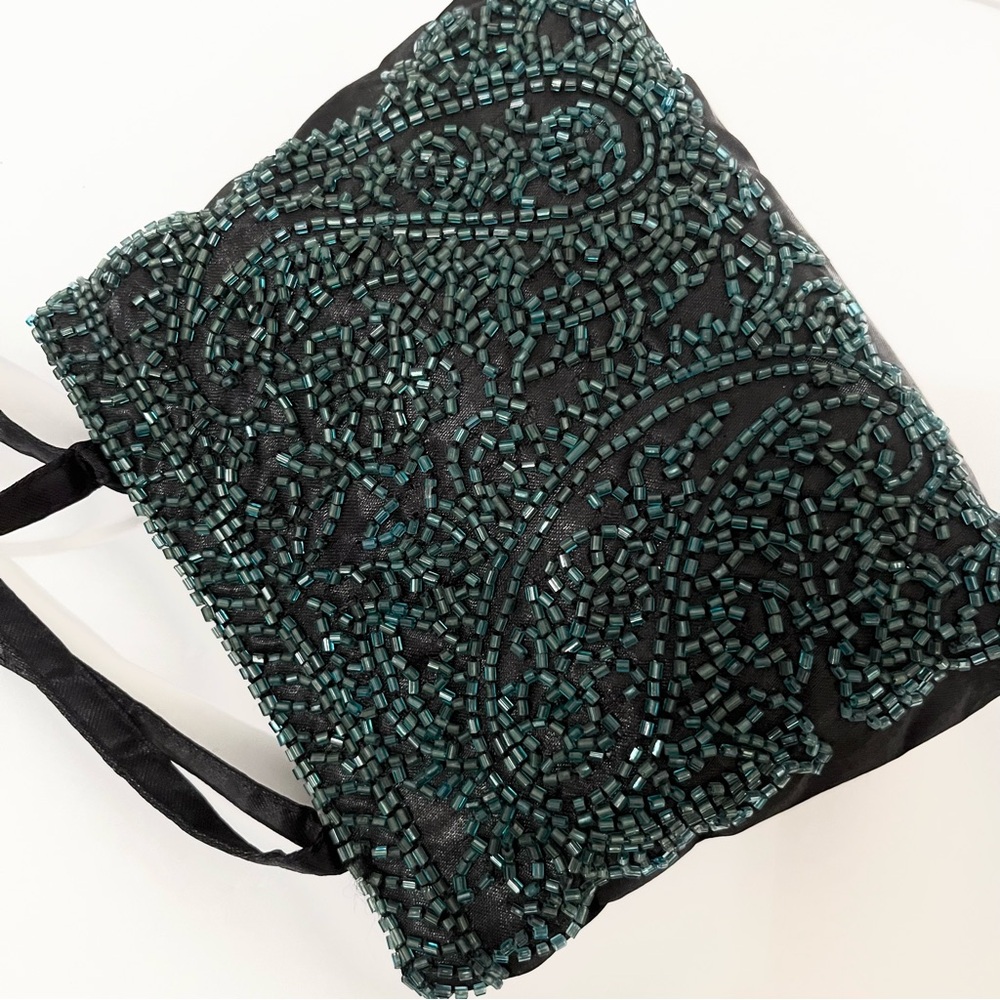 Vintage Teal Green Beaded Evening Bag Black Satin - Picture 4 of 15